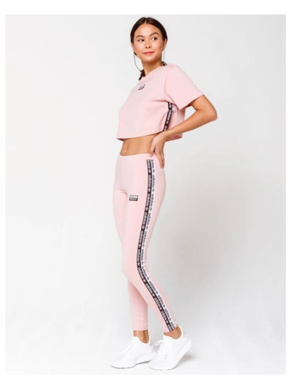 Adidas Esdero Leggings in Pink Black White Logo Tape Tights Athleisure